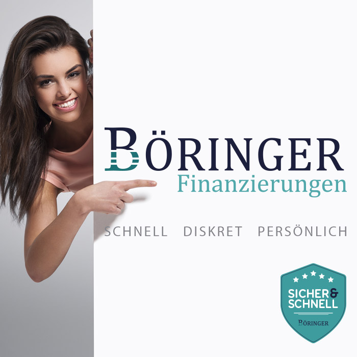 Frau zeigt auf Logo von Böringer